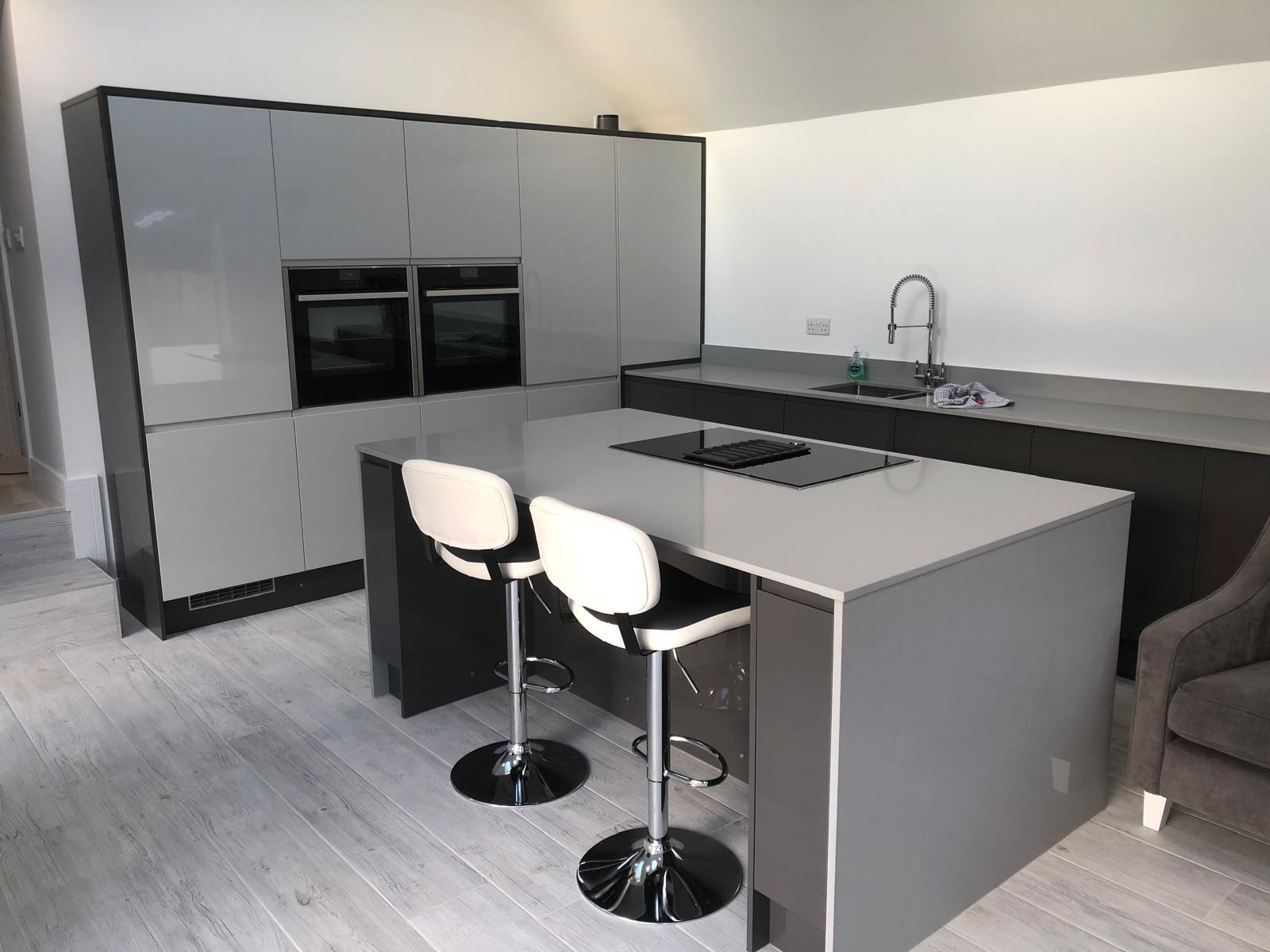 High Gloss Grey Kitchen Units with Integrated Ovens
